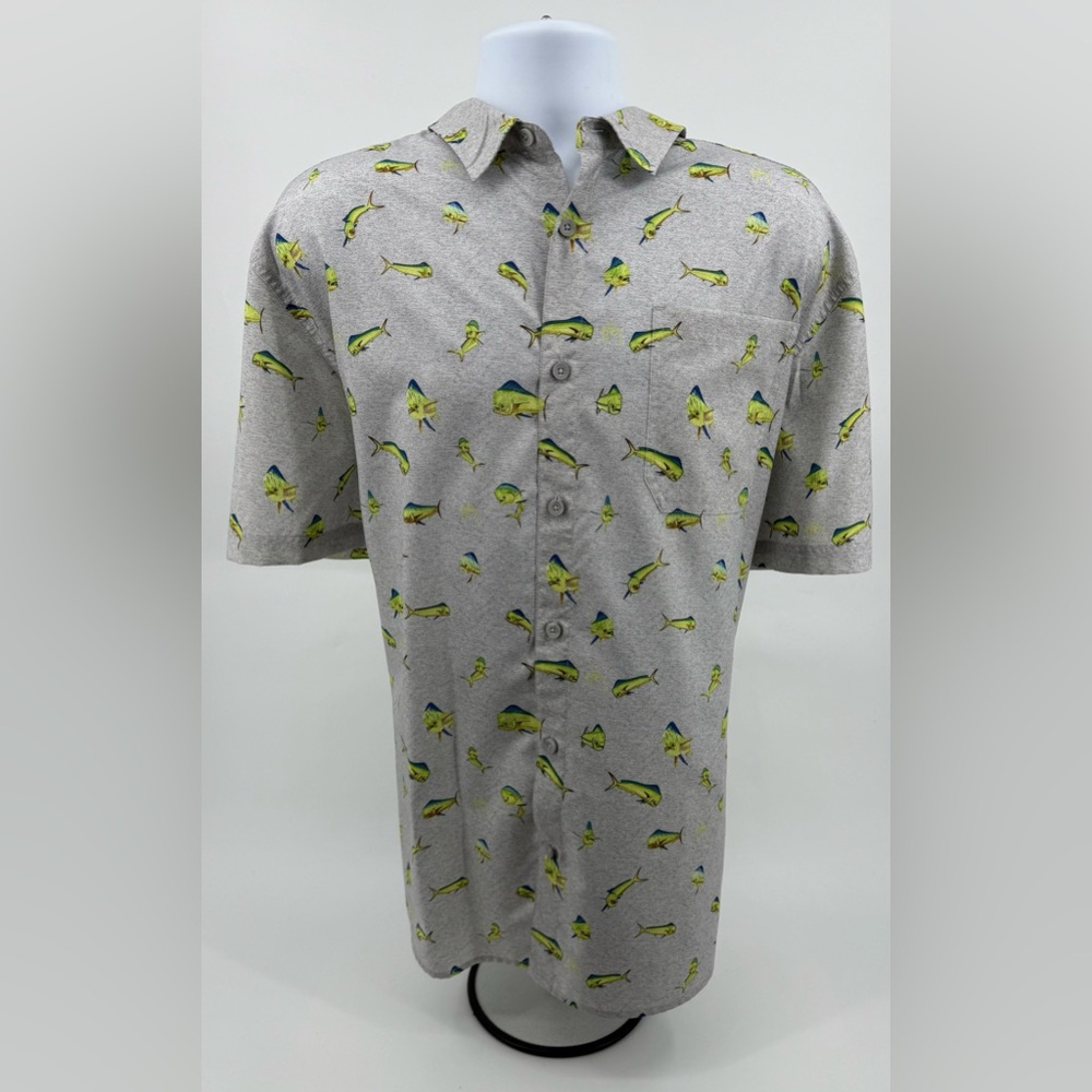 Guy Harvey Gray Mahi Print‎ Short Sleeve Button Up Fishing Shirt Men’s Size XXL